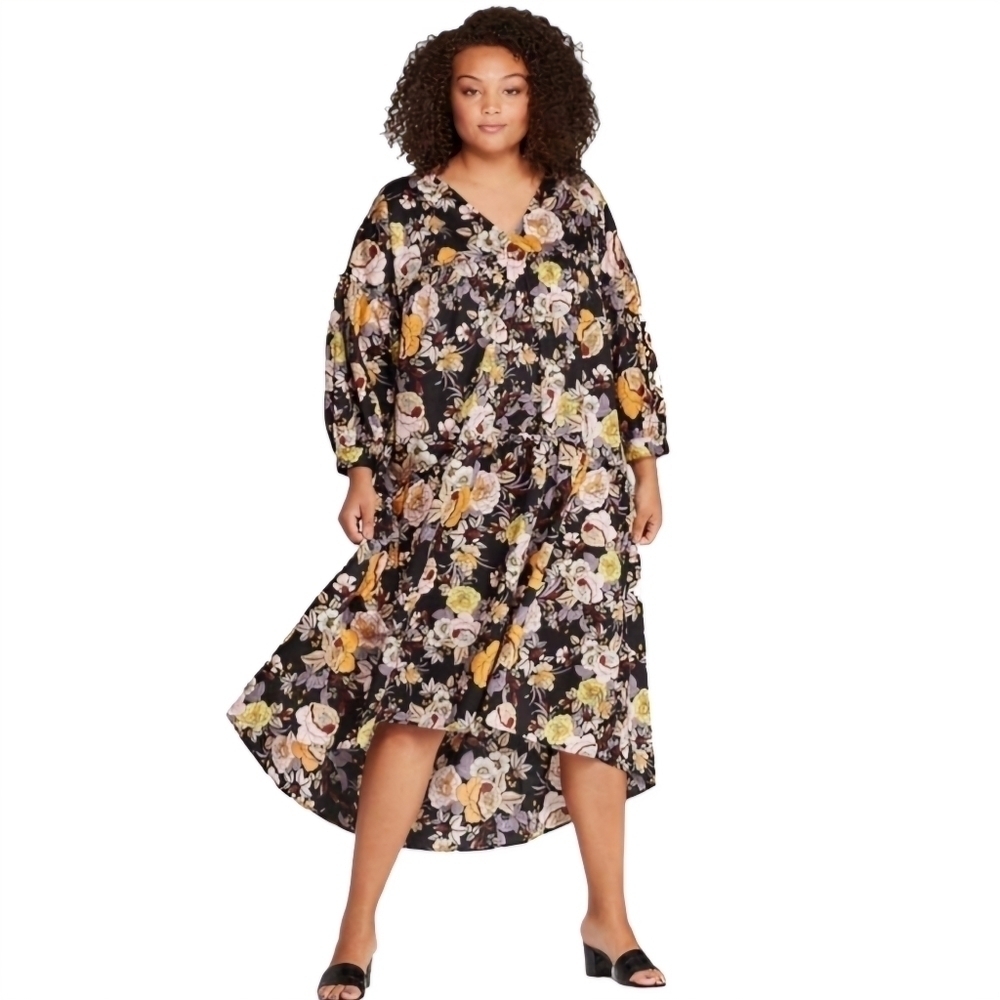 Who What Wear Black With Orange/Pink Floral Pattern Midi Dress 100% Cotton‎ Sz S